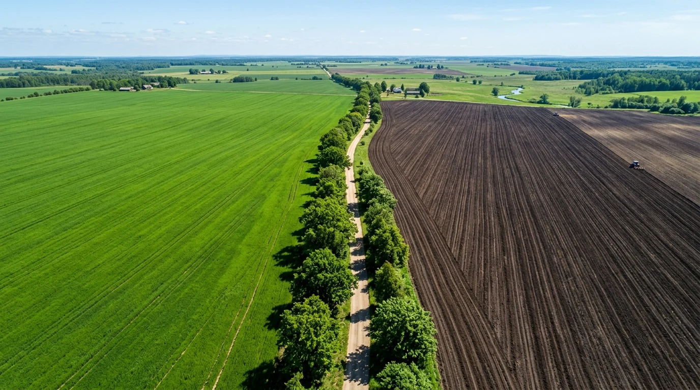 Lavouras e talhões agrícolas vistos do alto com divisão de campos