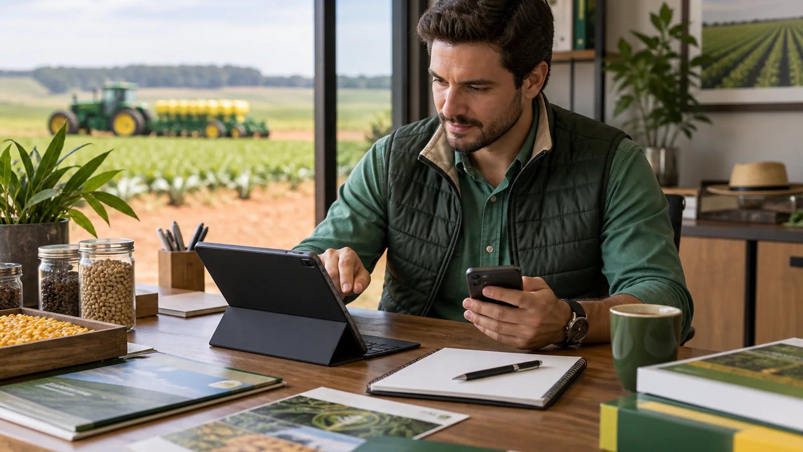 Contador Geraldo Nogueira orientando produtor rural com relatórios financeiros na mesa do escritório