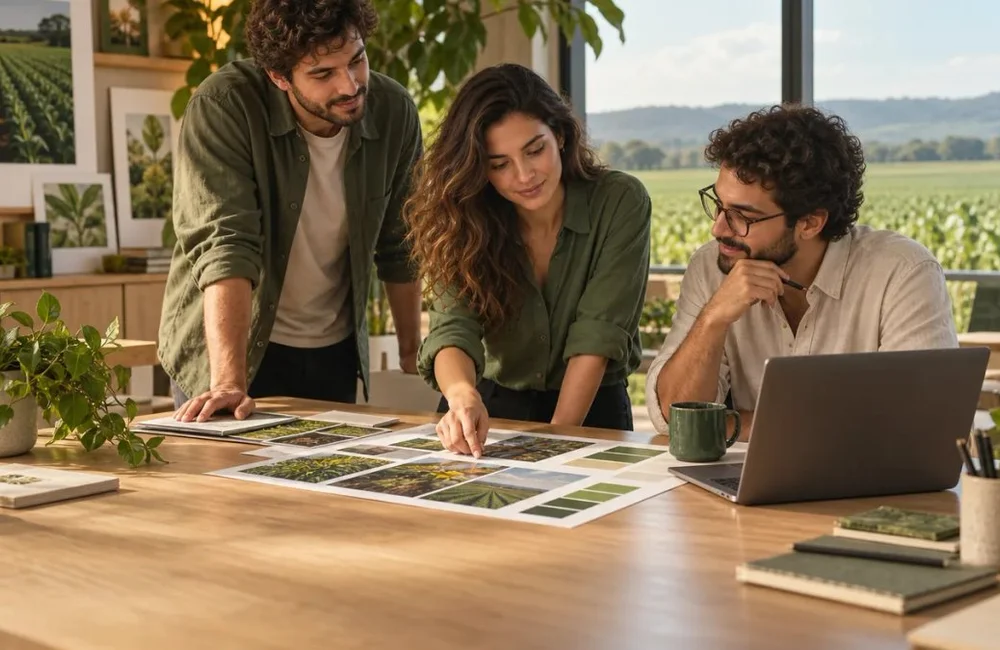 Equipe técnica de agrônomos e liderança cooperativista em planejamento sustentável com laptop e plantas