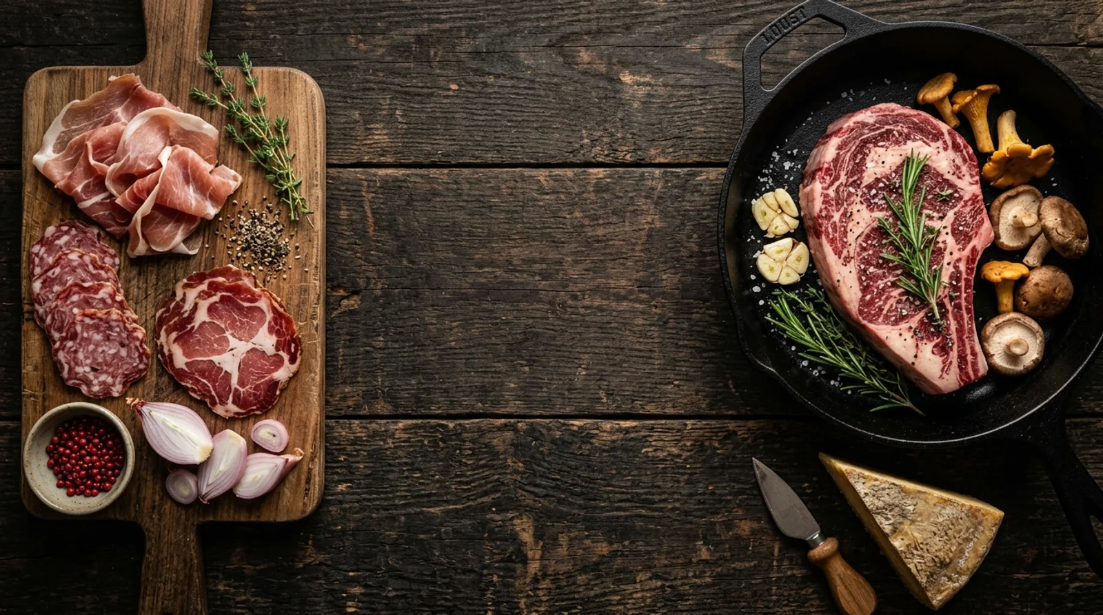 Composição gastronômica gourmet com tábua de charcutaria, bife prime ribeye e queijo artesanal em madeira escura