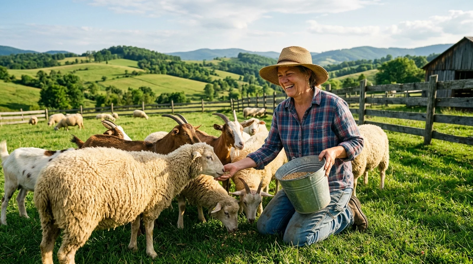 Produtor no pasto alimentando rebanho em pastagens verdes na Fazenda Aurora