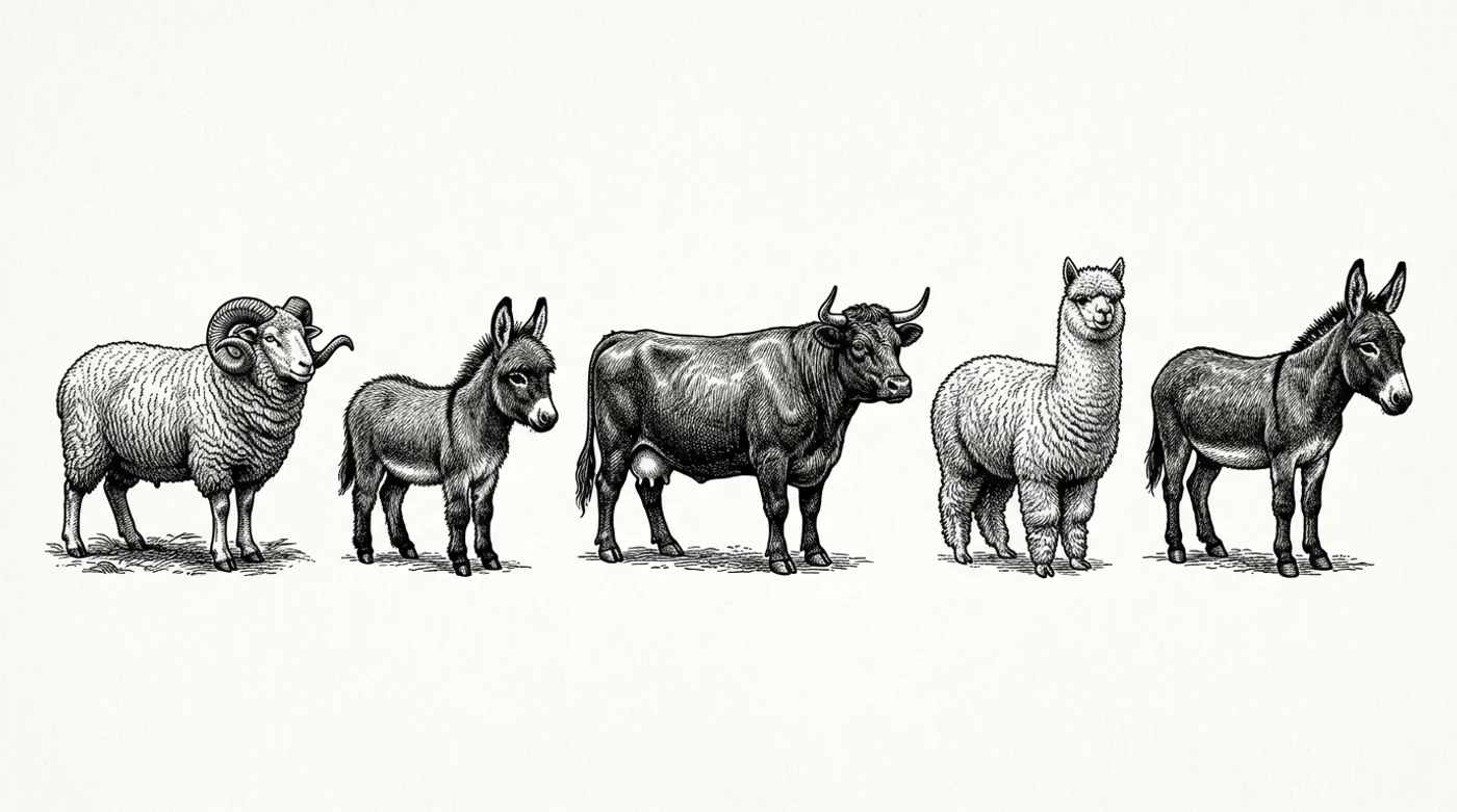 Ilustrações vintage em xilogravura de carneiro, burrinho, vaca de corte, alpaca e muar