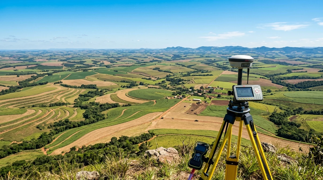 Vista aérea de relevo ondulado com terraços agrícolas e receptor geodésico GNSS em tripé na colina