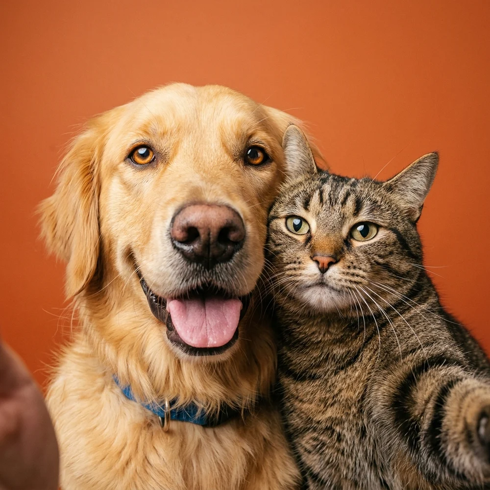 Cachorro golden e gato juntos sorrindo com fundo terracota