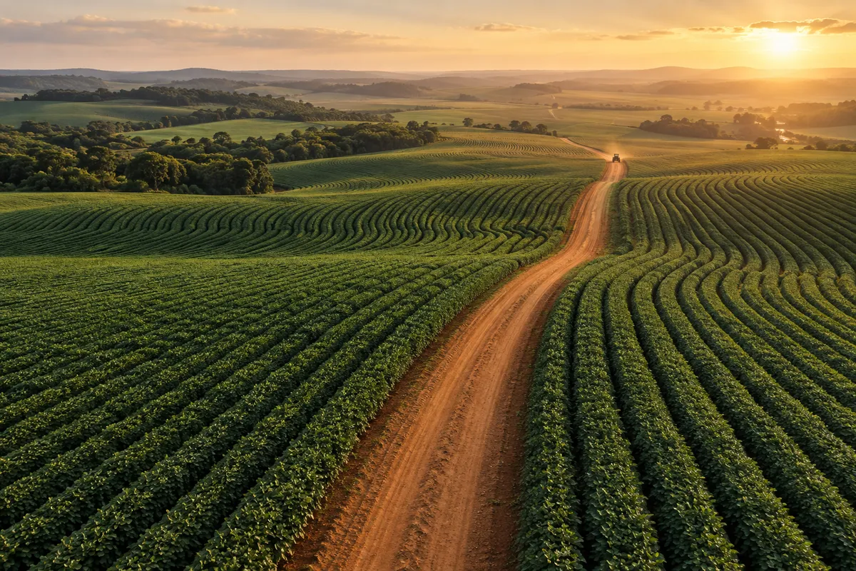 Lavoura com linhas de cultivo e estrada rural, vista do alto