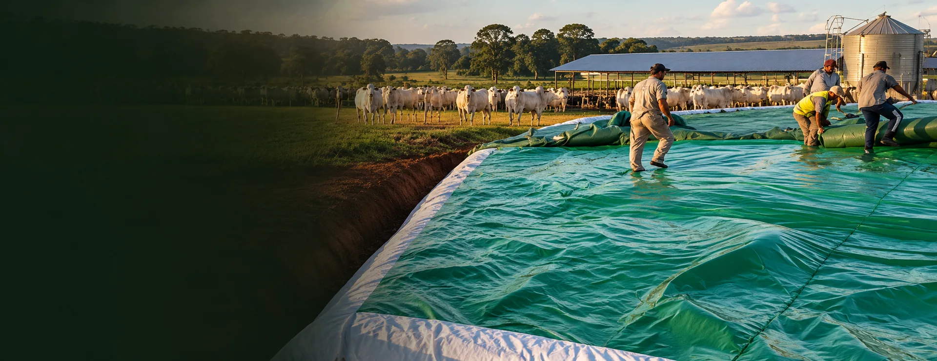 Cena ilustrativa da aplicação de lona verde para conservação de silagem em silo de fazenda