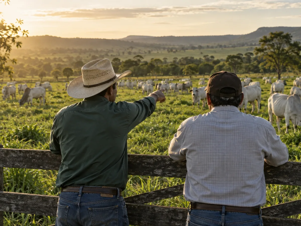 Profissionais no campo observam um rebanho bovino na pastagem
