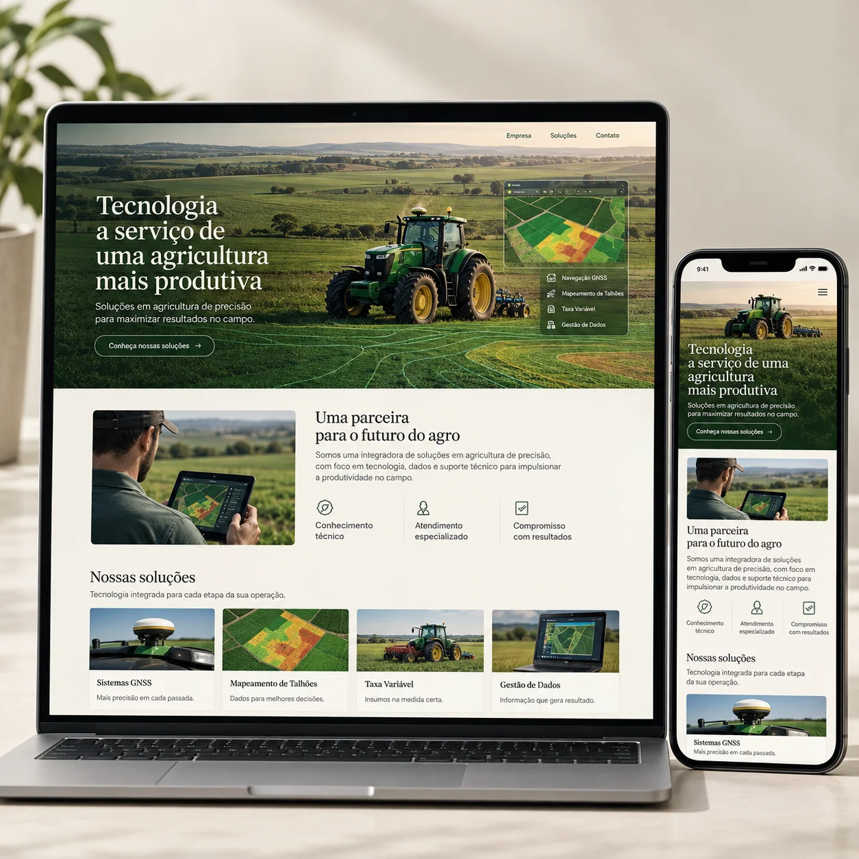 Illustrative website preview for agricultura de precisão solutions on desktop and mobile