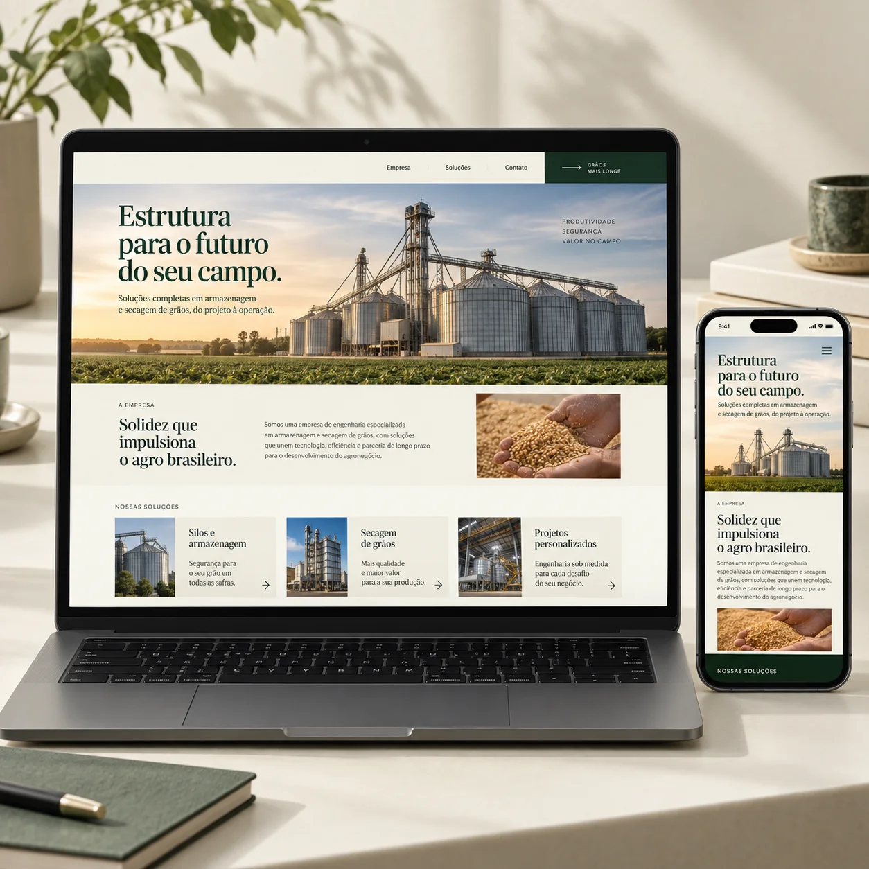 Illustrative website preview for armazenagem e pós-colheita solutions on desktop and mobile