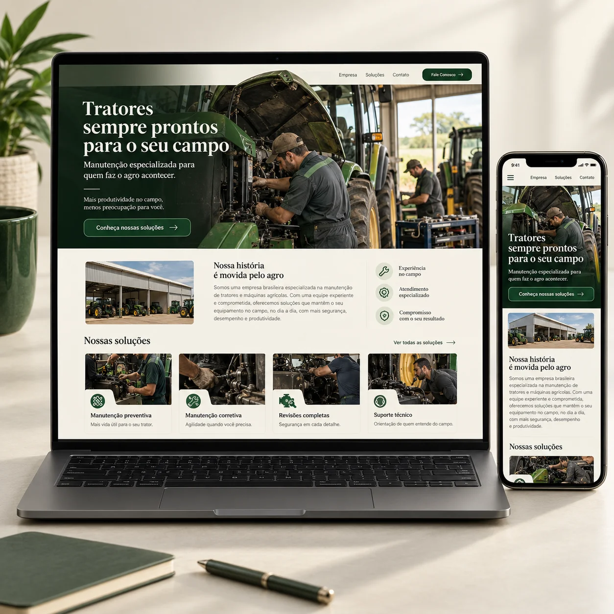 Representación ilustrativa de sitio web para soluciones para assistência técnica rural en ordenador y móvil
