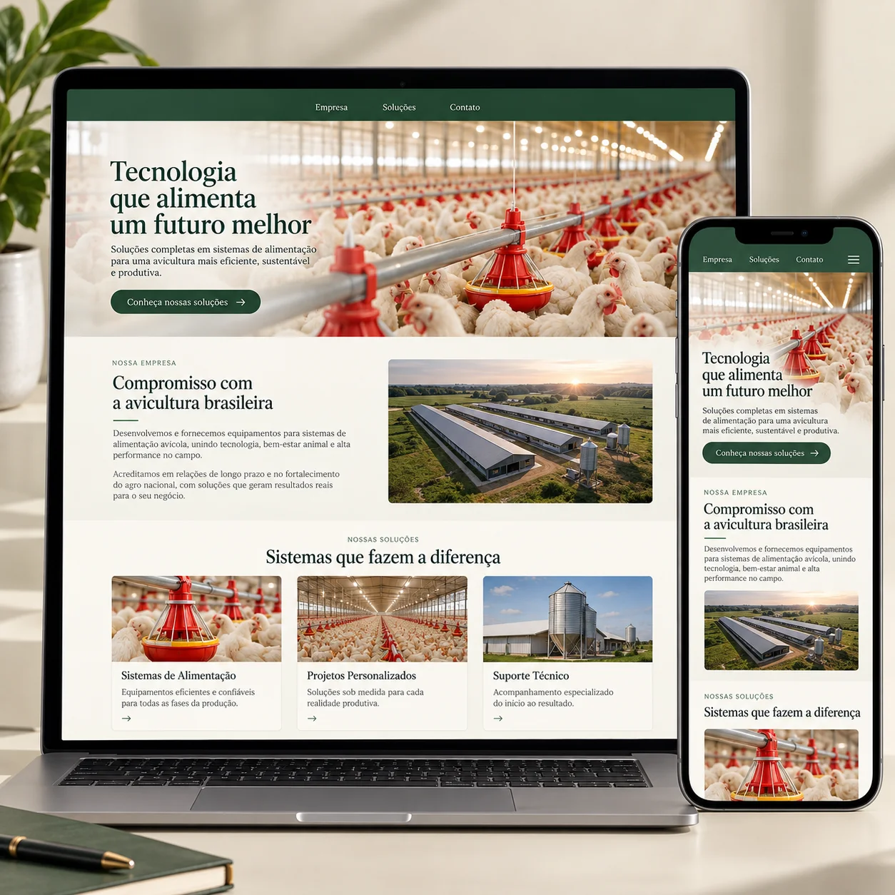 Illustrative website preview for avicultura solutions on desktop and mobile
