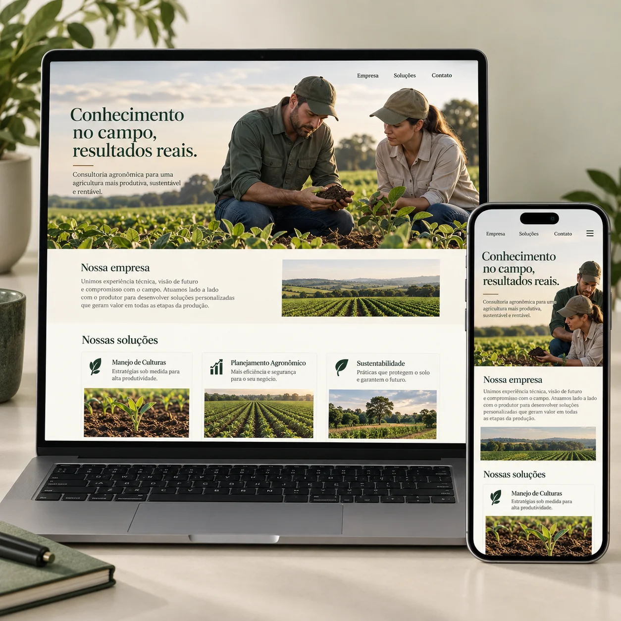Representación ilustrativa de sitio web para soluciones para consultoria agronômica en ordenador y móvil