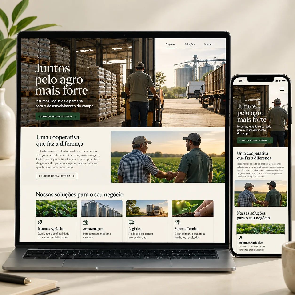 Illustrative website preview for cooperativas e distribuidores solutions on desktop and mobile