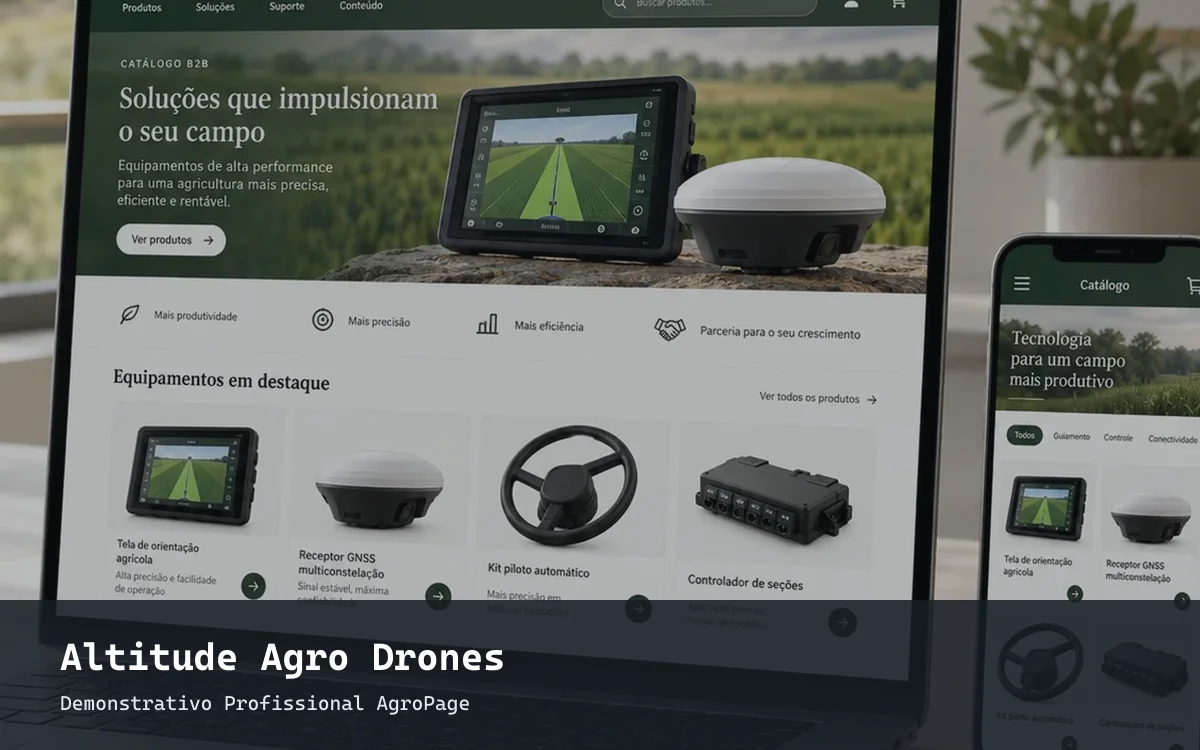 Representação ilustrativa de site para drones e agricultura de precisão em notebook e celular