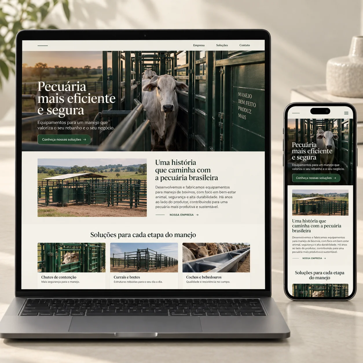 Illustrative website preview for equipamentos para pecuária solutions on desktop and mobile