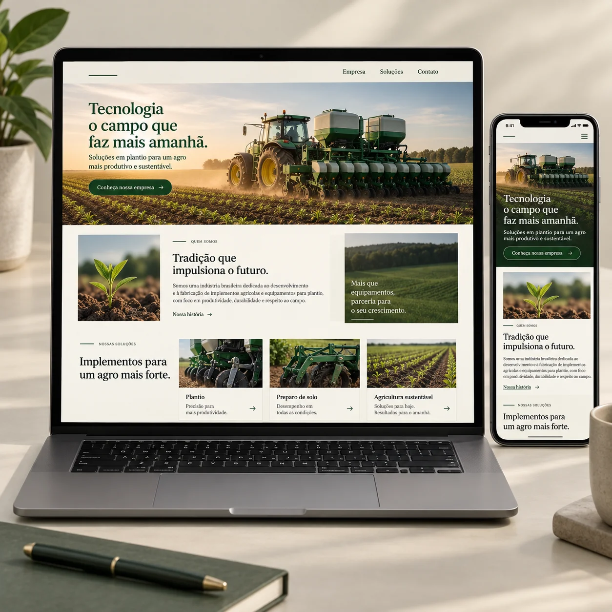 Illustrative website preview for implementos agrícolas solutions on desktop and mobile