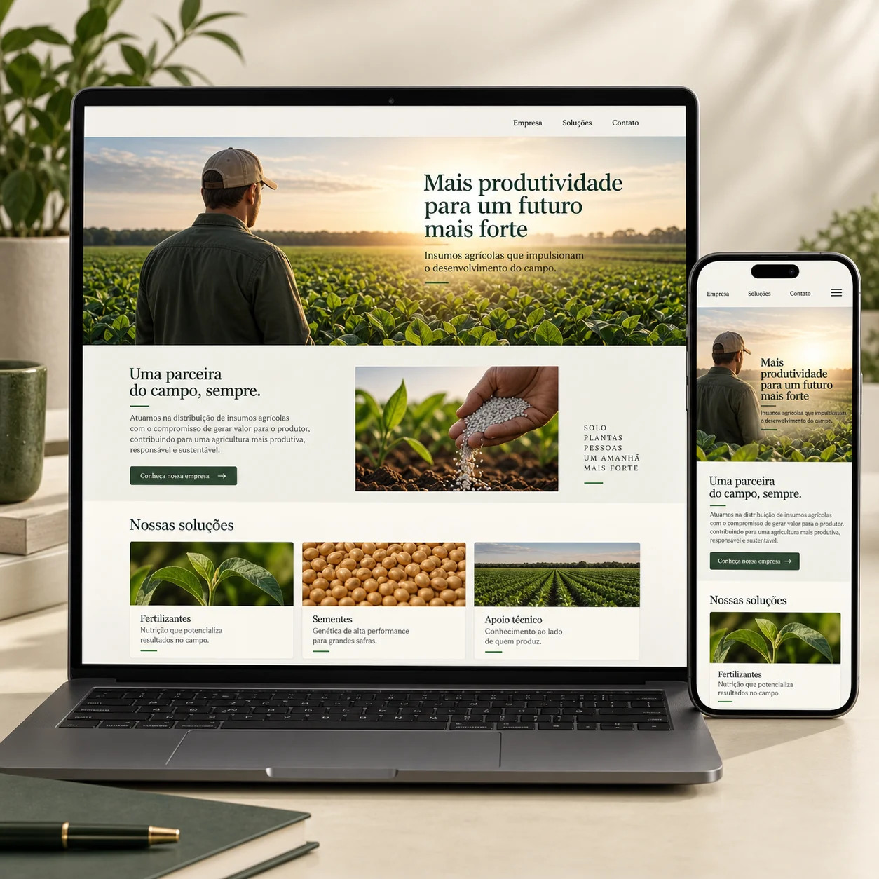 Representación ilustrativa de sitio web para soluciones para insumos agrícolas en ordenador y móvil
