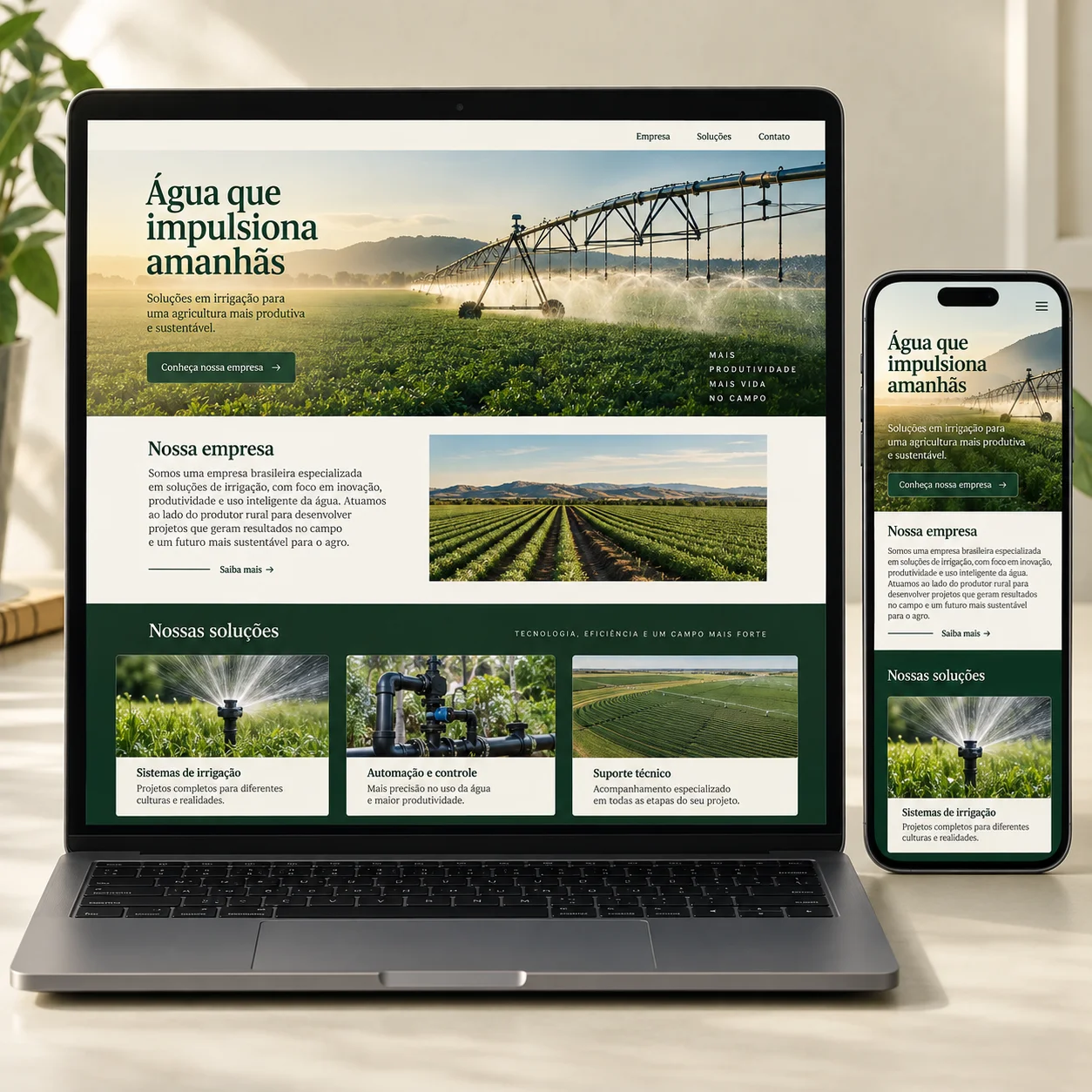 Illustrative website preview for irrigação solutions on desktop and mobile