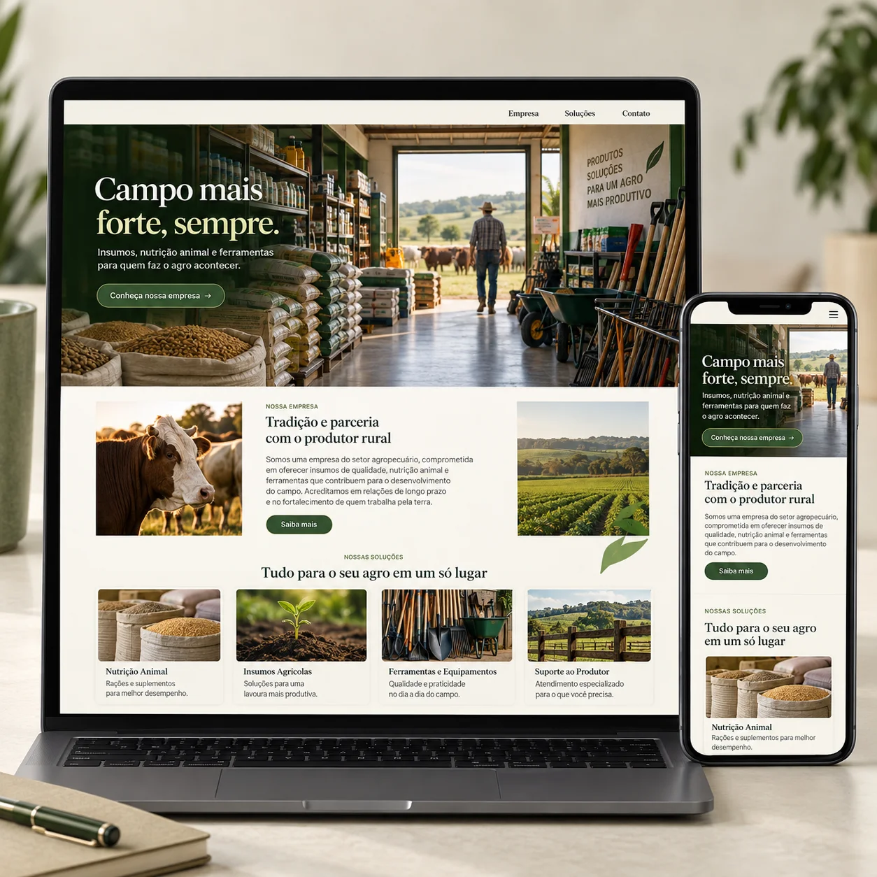 Representación ilustrativa de sitio web para soluciones para lojas agropecuárias en ordenador y móvil