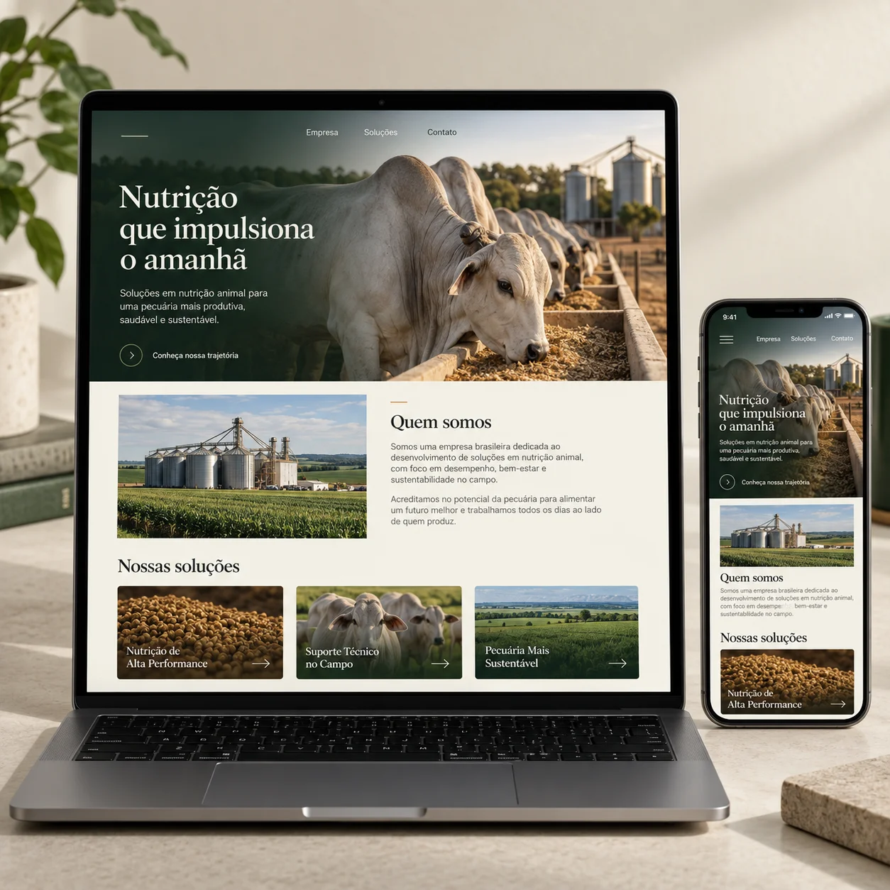 Illustrative website preview for nutrição animal solutions on desktop and mobile