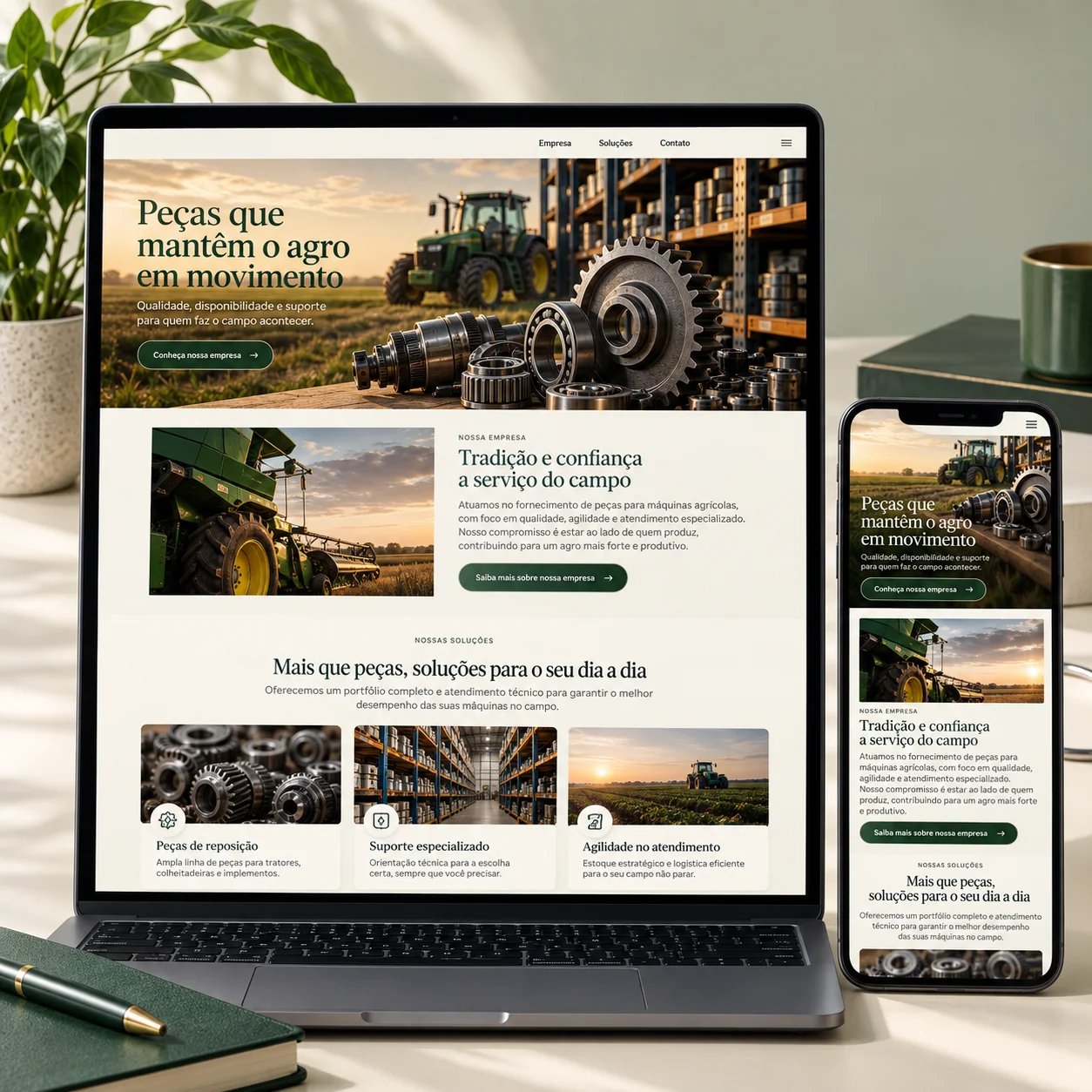 Illustrative website preview for peças agrícolas solutions on desktop and mobile