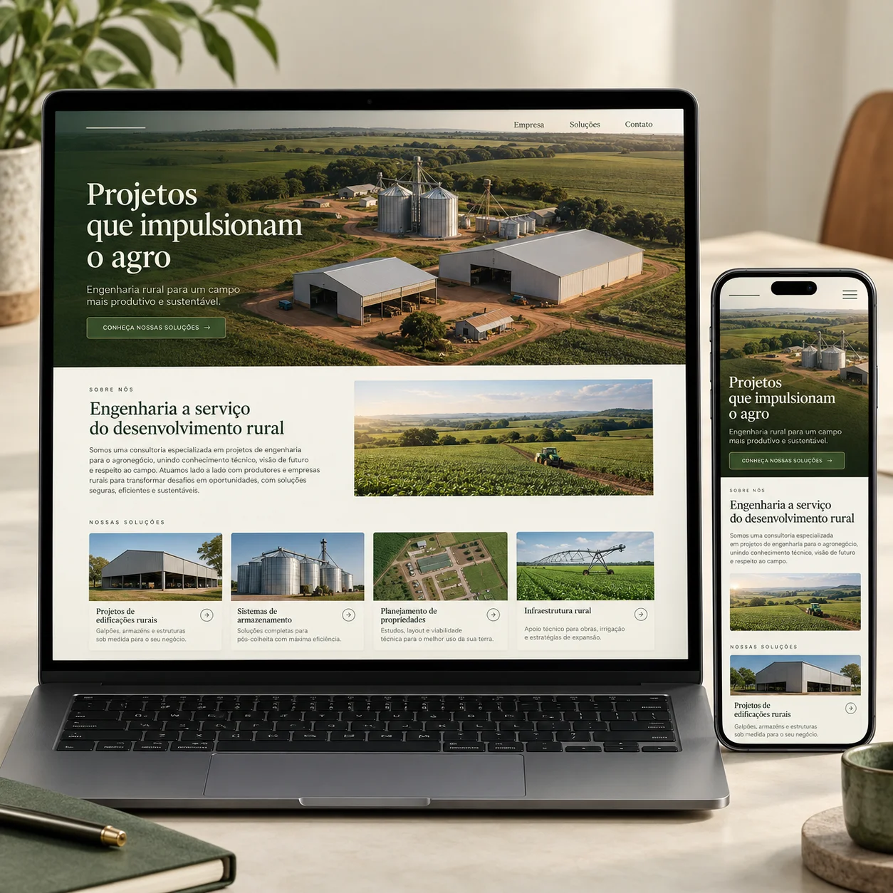 Illustrative website preview for projetos e engenharia rural solutions on desktop and mobile