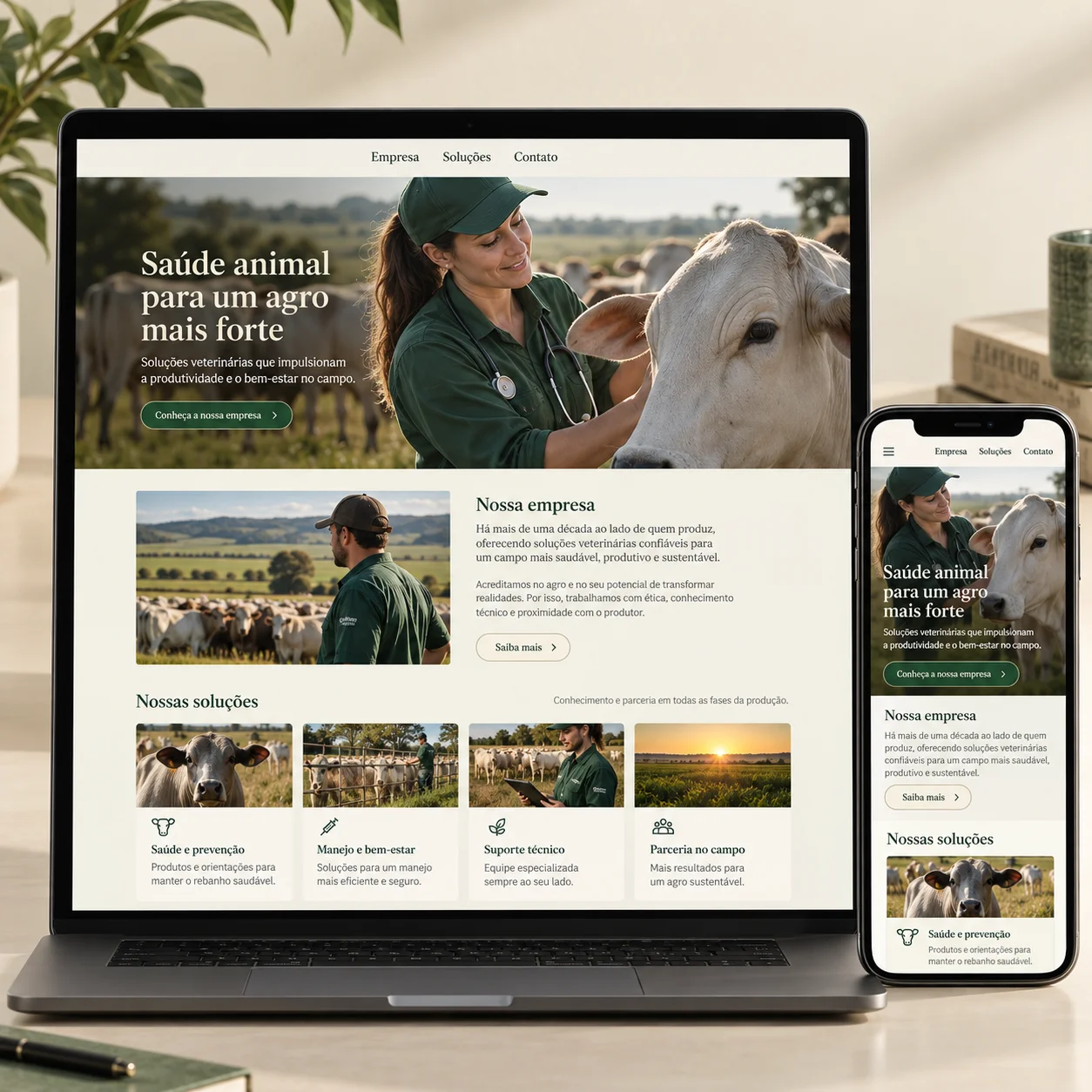 Representación ilustrativa de sitio web para soluciones para saúde animal en ordenador y móvil