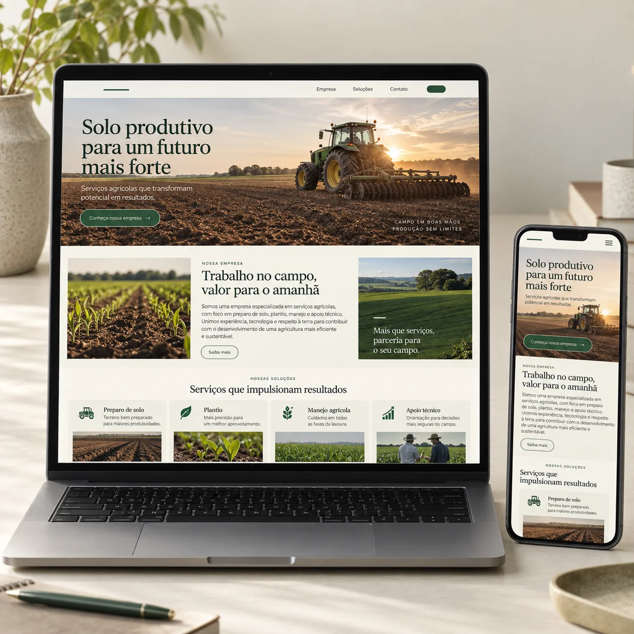 Illustrative website preview for serviços agrícolas solutions on desktop and mobile