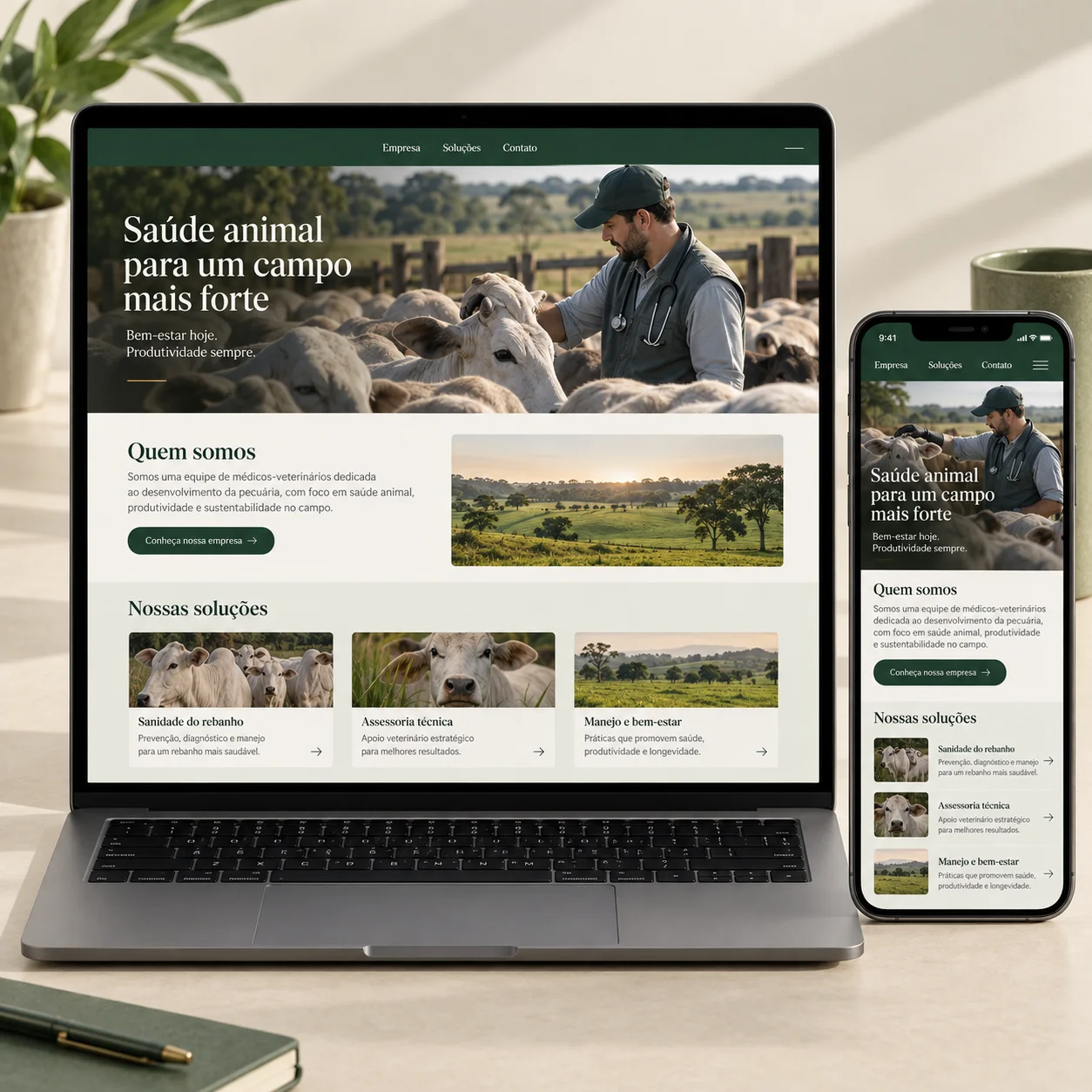 Illustrative website preview for serviços veterinários rurais solutions on desktop and mobile