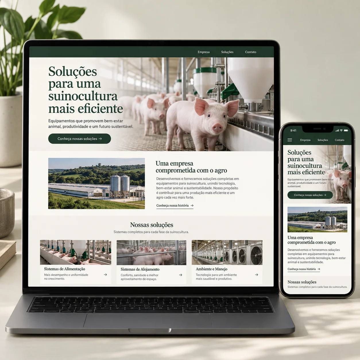 Representación ilustrativa de sitio web para soluciones para suinocultura en ordenador y móvil