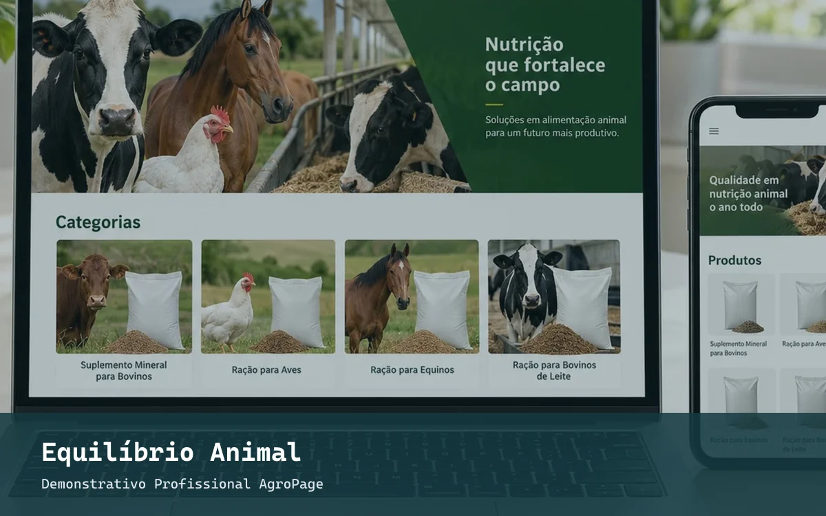 Representação ilustrativa de site para zootecnia e manejo nutricional em notebook e celular