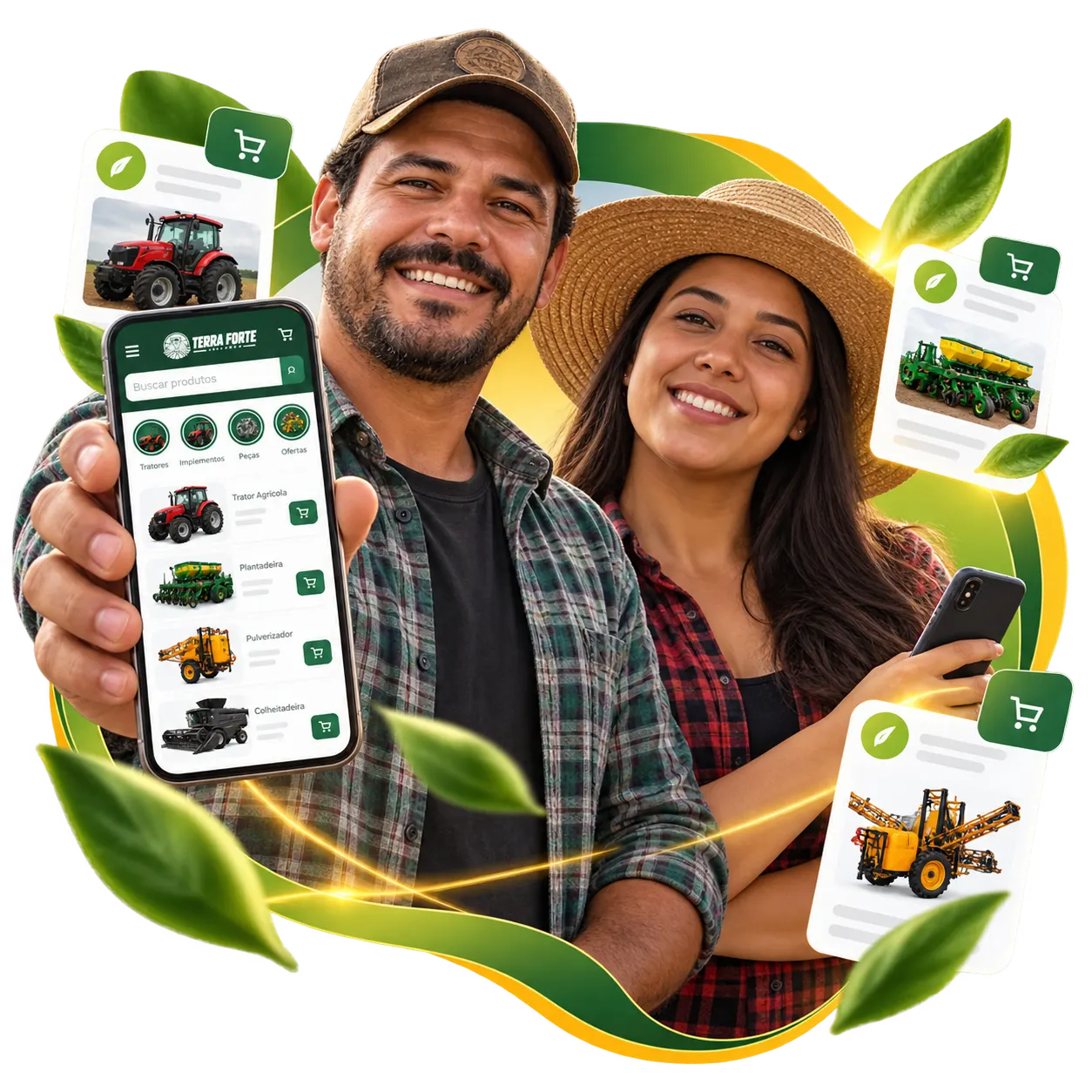 Farmers using AgroPage digital catalog to browse machinery and farm supplies